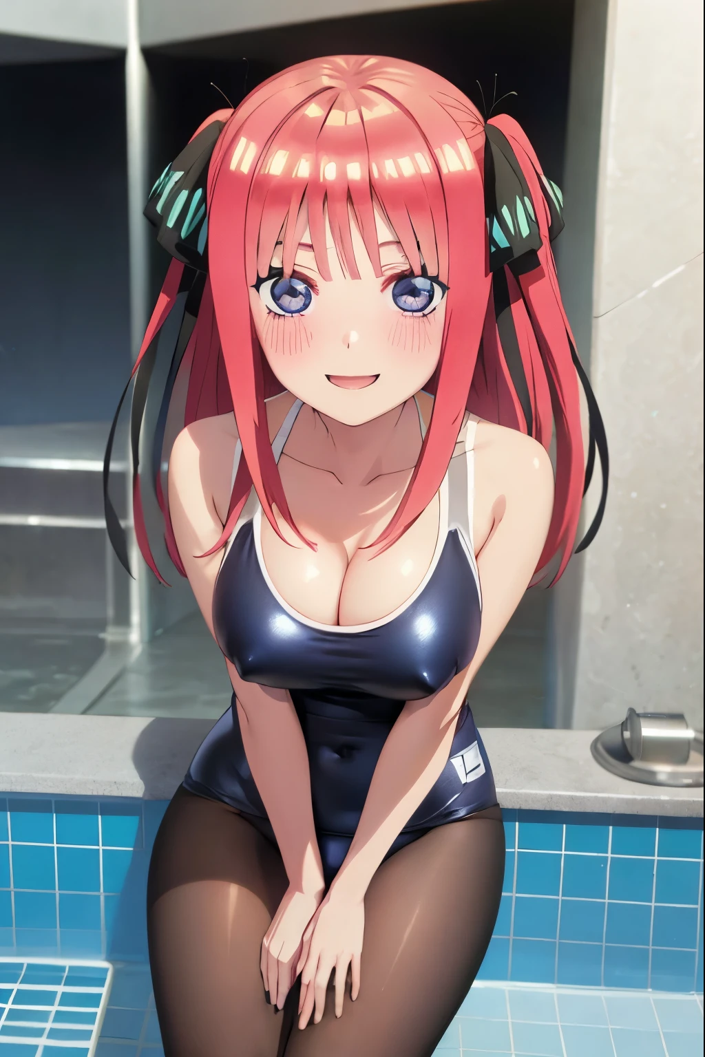 best quality, ultra-detailed masterpiece, anime art style, cute characters, nino nakano, one-piece swimsuit, large breasts, pantyhose, blush, smile