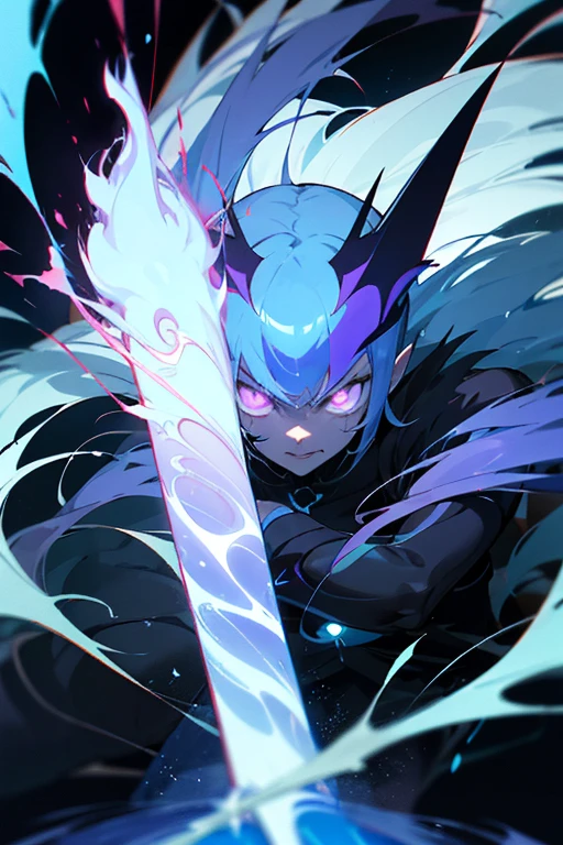 a close up of a person with a purple and black background, glowing black aura, evil aura, badass anime 8 k, dark aura, an epic anime of a energy man, blue fire powers, epic anime style, menacing aura, darkness aura, emanating menacing aura, transforming into his final form, inverse dark glowing power aura, glowing in power