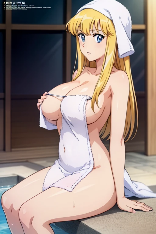 (anime cels style, Masterpiece, best quality, high resolution, anime colored, megami magazine:1.2, anime poster style, anime keyvisual, sharp, 8k, photorealistic), (beautiful eyes:1.5), reiko_aiwaifu, 1girl, cute, blond hair, long hair, sagging huge breast, (beautiful nude), (Towel over breasts:1.5), (cowboy shot, sitting), (perfect detailed anatomy, perfect arms, perfect fingers, beautiful face, perfect body, shiny skin), onsen, 