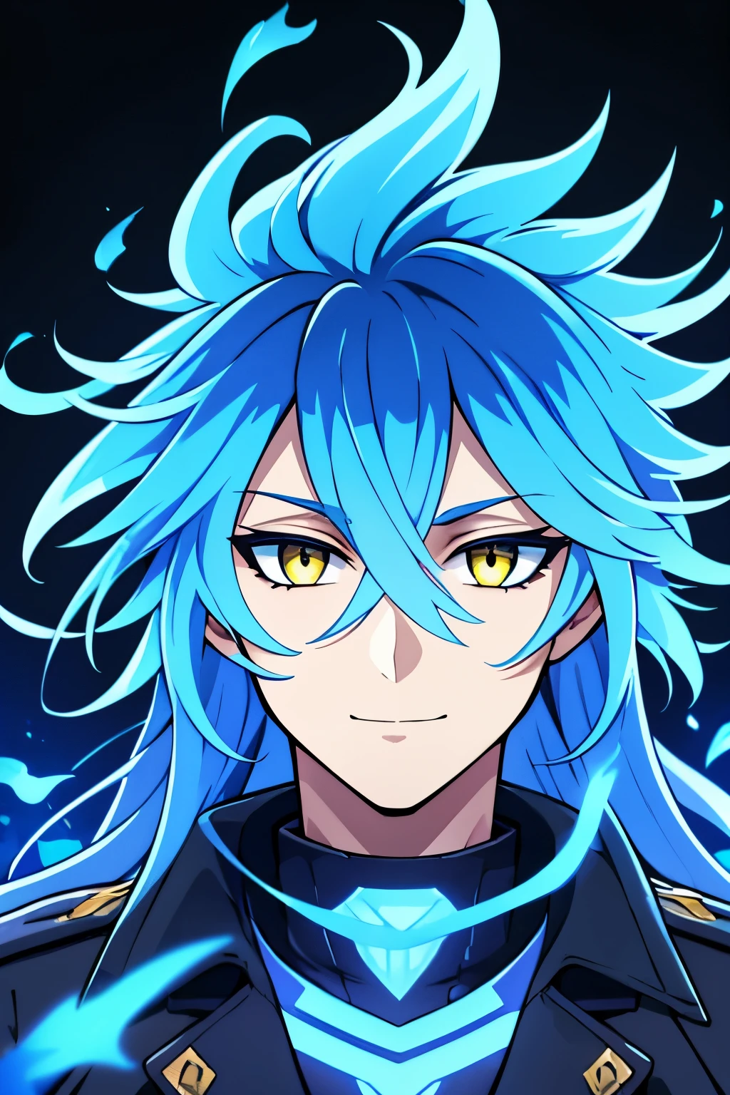 (high-quality, breathtaking),(expressive eyes, perfect face) portrait, halfbody shot, 1boy, male, solo, teenager, Symmetrical Eyes, age 16, yellow color eyes, long hair length, spiky flowy hair, soft smile, side bangs, looking at viewer, happy expression, blue hair color, modern clothing, black background, blue flame hair, blue fire, Idia Shroud character, hair on fire, blue flame like hair, black fluffy jacket, blue trim, blue embers in background, blue fire in background, glowing hair
