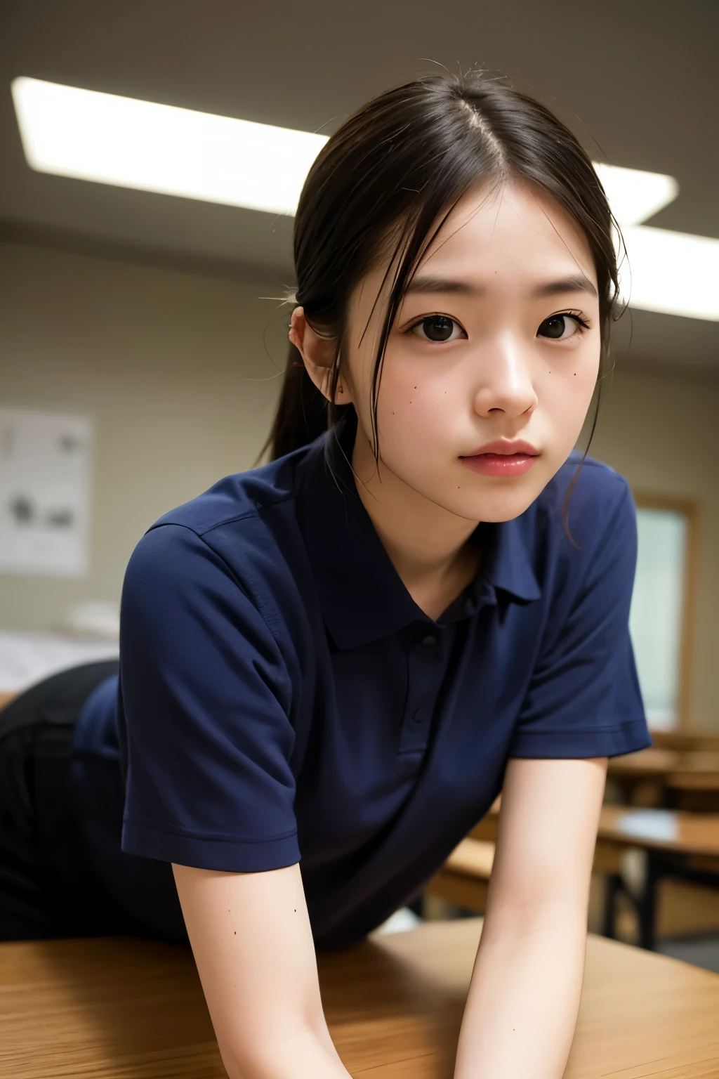 Upper Body、Knee Shot、Great dress、(jacksonville:1.5)、Close-up、masterpiece、highest quality、Raw photo、Photorealistic、face、Incredibly ridiculous、beautiful girl、cute、short hair、Depth of written boundary、High resolution、Ultra Detail、Fine details、Very detailed、Very detailed目とface、Sharp pupils、Realistic pupil、Sharp focus、Cinematic lighting、One Girl、highest quality、Realistic、Photorealistic、Very sophisticated、Very delicate and beautiful whole body、[cute、ribbon] 、school settings：1.3]、brown hair、Brown eyes、Small Head、Beautiful Eyes、Small breasts、素face、Realistic Skin、Fine grain、細かいface、Features of fine clothing（school uniform：1.3）、（Shoulder-ponytail length: 1.3) Dynamic pose、A pose staring at the viewer、詳細なfaceと胸