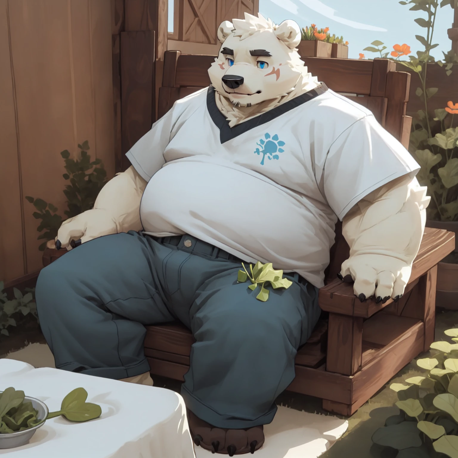 New Jersey 5 Furry,polar bear，Full body portrait of an individual,Exquisite， Chubby，Fat，Thick arms，Rugged muscles，White plush fur，Chubby脸，Black eyebrows，sky blue eyes，Black beard，Oyama，Straw house，White T-shirt，casual pants，Lying on a chair，vegetable garden，calm，streamer，Tao