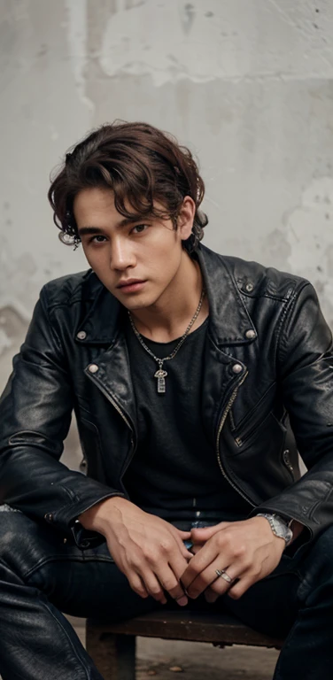 detailed, korean curly hairstyle, biker leather jacket, cute handsome boy, no shirt, silver necklace, round face shape, graffiti background, ripped jeans, iphone lens