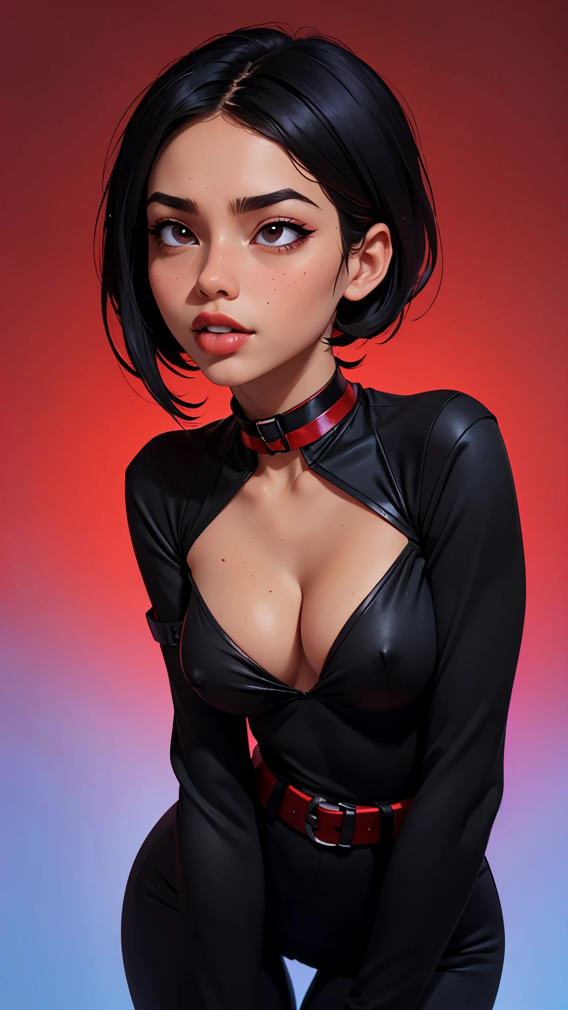 one asian girl, ada wong, solo, abs, slender body, (upper body, bust:1.2), black eyes, black hair, choker, (red clothes, tiny breasts, small breasts, male chest, cleavage, exposed breasts, deep cleavage:1.5), bare shoulders, belts, shoulder-belts, masterpiece, highly detailed, look at viewer, shiny blured orange background, gradient sprayed background, front view, gradient red purple background, blured background, glowing edges of image