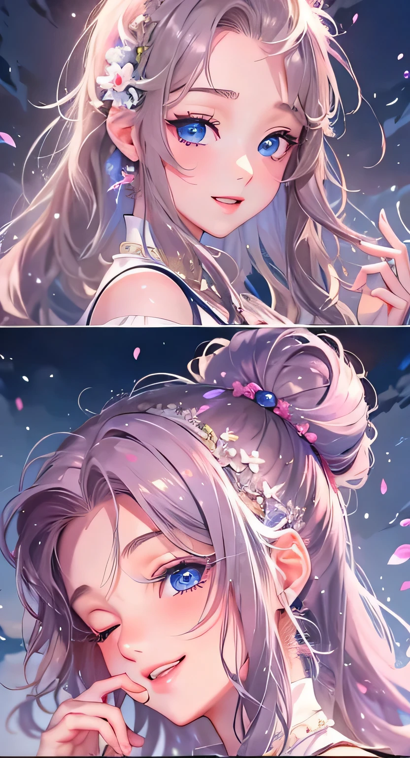 ((highest quality)), ((masterpiece)), (Get used to it), Perfect Face , masterpiece、highest quality、High resolution、High-quality images、8k, 1 female、Skin Radiance、Texture of skin and clothing、Expression of fine eyes、Shiny bright golden hair,Girl with long braided hair, Manga inspired by Lee Jong-suk, Trending on deviantart, realism, detailed manga style, Manga art style, Perfect Line Drawing, Beautiful line art, digital manga art girl, K-POPアイドル, Beautiful Blue Eyes, Fuller lips, Gorgeous face with attention to detail, (Cute Smile), charm, Innocent, Side view, (Perfectly detailed face), (Beautiful Hands) Photorealistic images, Written boundary depth, 20th Generation ,beautiful girl , camisole , tulle skirt , Large Breasts , protruding shoulders , I can see her cleavage , night , Beautiful sea in the background ,