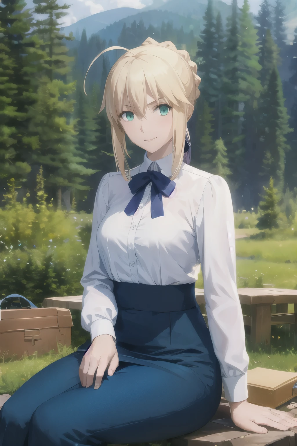 (masterpiece:1.4), (best quality:1.4), realistic, 1girl, artoria pendragon \(fate\), large breast, night time, little ahoge, green eyes, white shirt, blue skirt, happy, blush, little smile, sit on picnic chair, in the forest, face focus, from the front, looking at viewer, good pose