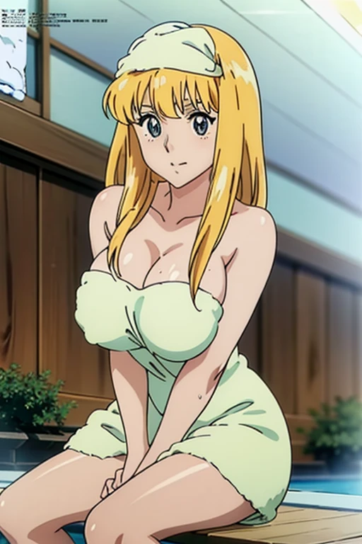 (anime cels style, Masterpiece, best quality, high resolution, anime colored, megami magazine:1.2, anime poster style, anime keyvisual, sharp, 8k, photorealistic), (beautiful eyes:1.5), reiko_aiwaifu, 1girl, cute, blond hair, long hair, sagging huge breast, (beautiful nude), (Towel over breasts:1.5), (cowboy shot, sitting), (perfect detailed anatomy, perfect arms, perfect fingers, beautiful face, perfect body, shiny skin), onsen, 
