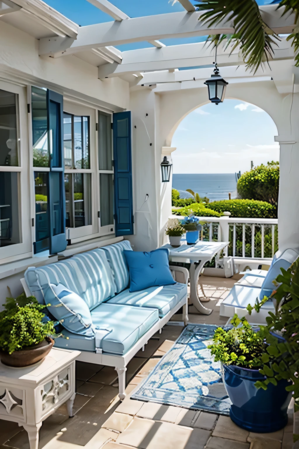 A beautiful outdoor space with blue doors and windows, a white stucco home, a blue couch, potted plants, lanterns, and a dining table overlooking the ocean.