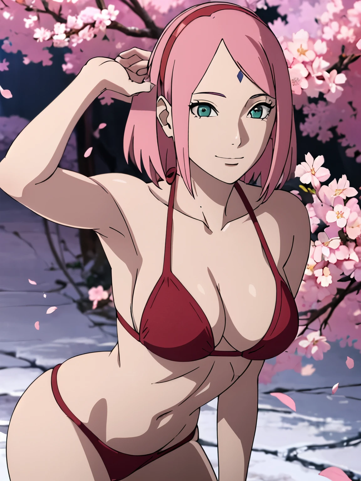 anime style, solo, 1 woman, from right, close view, (hand leaning, laying on tree, brushing hair), super ultra details, bold drawing lines, very high resolution, perfect anatomy, ultra detailed face, high vibrance, (blue light), ((cold colors)), 1girl, haruno sakura, (slim body, pale skin, thin belly , off-shoulders, biceps, toned arms, leaning forward, very pale skin, forehead mark, smile, hand leaning), ((red string bikini, red hair band)), looking at viewer, (cherry blossom), floating hair, big smile, cowboy shot, (reddish hair, detailed hair, missy hair, short hair, scattered hair), spring time, attractive colors
