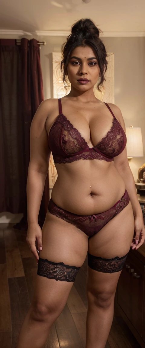 (front view focus), A gorgeous very busty beautiful chubby mature Indian women, 45 years old mature Indian aunty, (((wearing maroon bralette, with lace))) and (((wearing maroon panty, with design)))), perfect face, ((looking at viewer)), (((black hair, hair bun up))), (((big Bindi))), (((dark lipstick))), HD details, high details, sharp focus, HD makeup, shimmery makeup, celebrity makeup, in the room, in the house, ((full body view)), big breast, big waist, thick thighs, ((mature chubby)), (HD render)Studio portrait, magic, magical, fantasy, front focus.