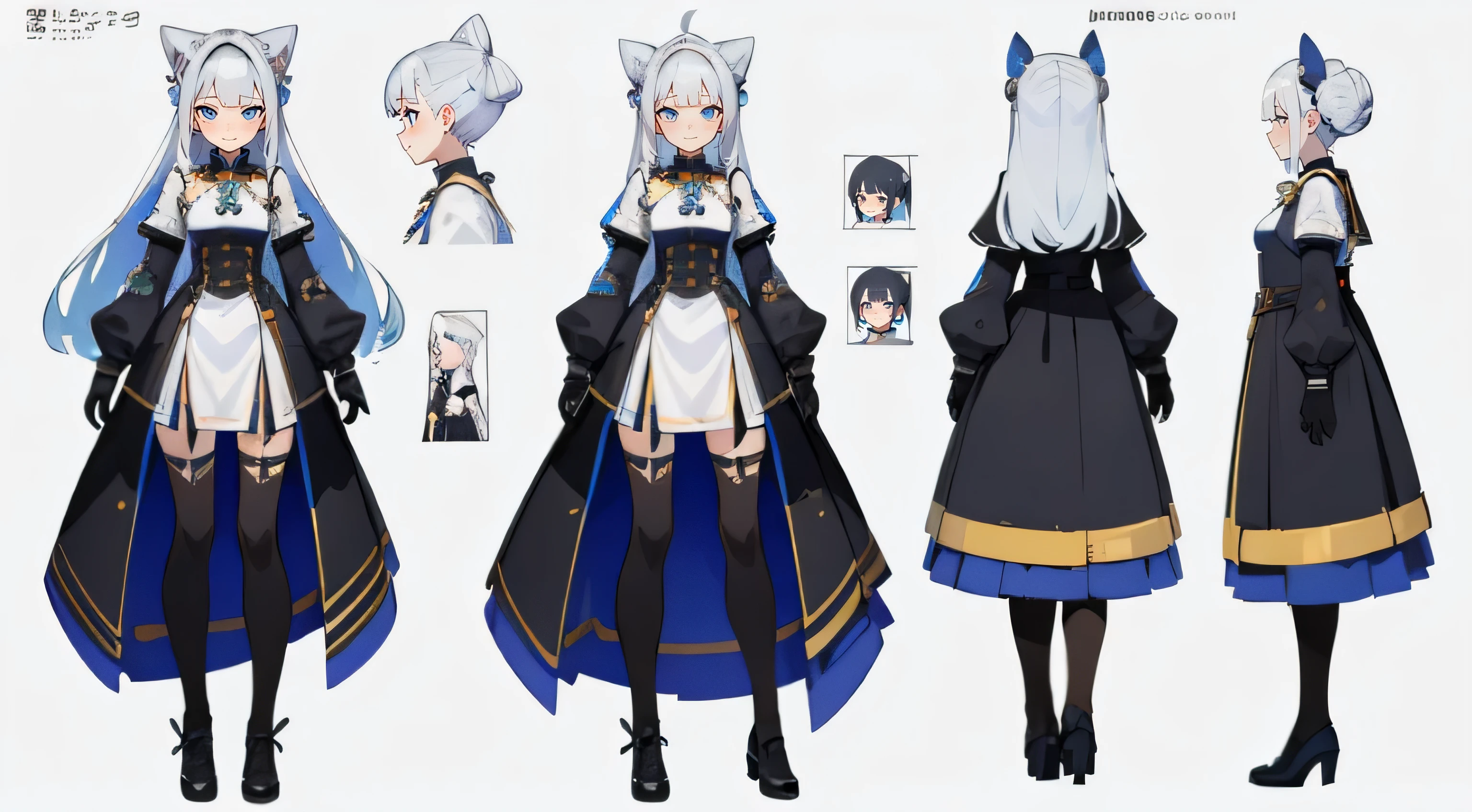 (masterpiece, highest quality)), Detailed face, Character Sheet, whole body, Various poses and expressions, Very detailed, depth, Many parts, One girl, White Skirt, gloves, stockings, Long sleeve, White Hair, Space Buns Hair, Long Hair, Blunt bangs, Tsundere, smile