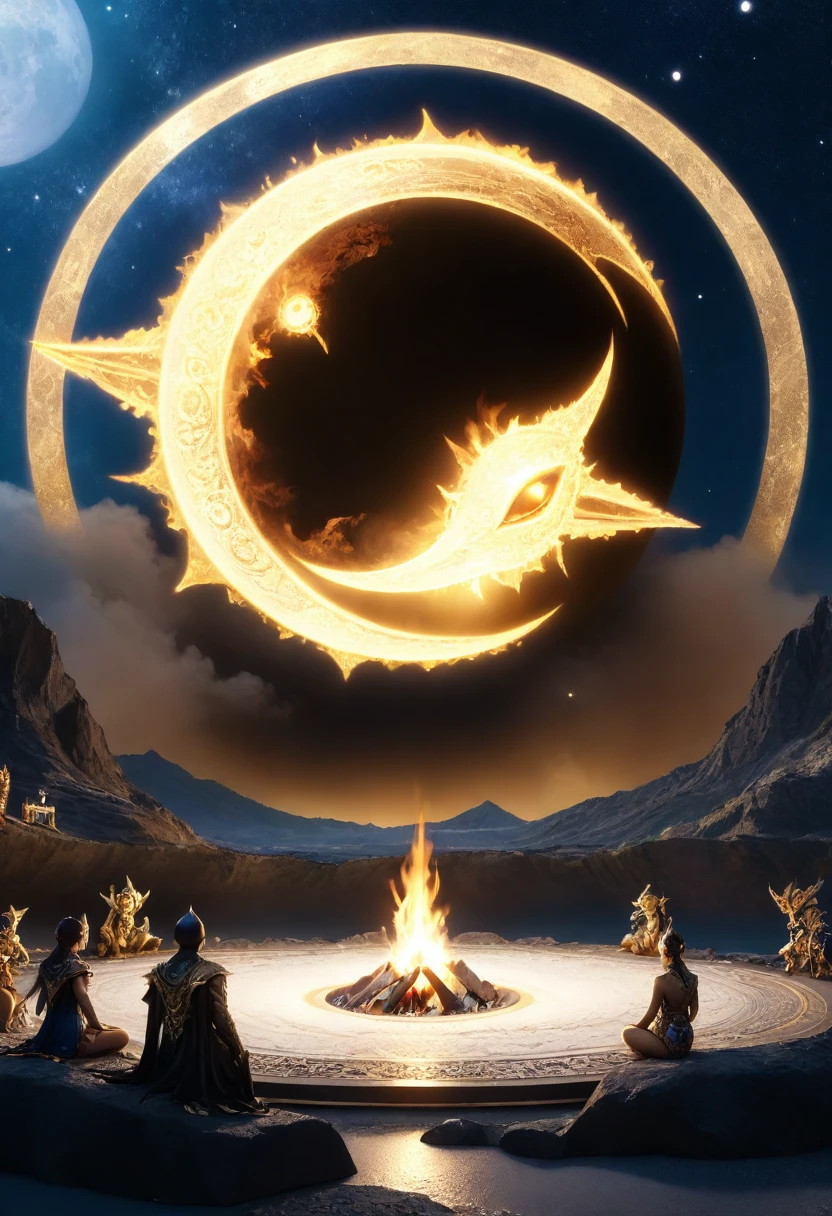 #quality(8k,wallpaper of extremely detailed CG unit, ​masterpiece,hight resolution,top-quality,top-quality real texture skin,hyper realisitic,increase the resolution,RAW photos,best qualtiy,highly detailed,the wallpaper,cinematic,golden ratio), BREAK ,beautiful space aliens are sitting in a circle at moon and watching a campfire on the moon,#background(cosmic stars,star ships),landscape,long shot, wide shot,