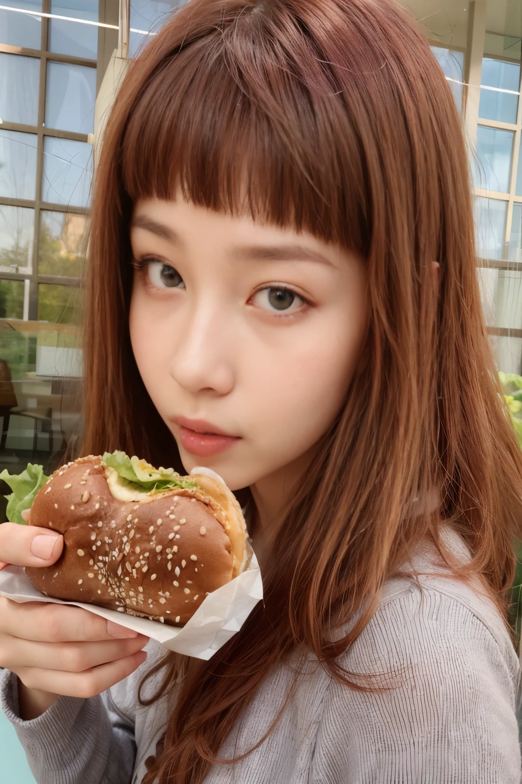 Arafed woman eating a hamburger with lettuce and sesame seeds., el corte de hime, hamburguesa con ojos humanos, chiho, Lalisa Manobal, bella delfina, Akasatanaha en , ulzzang, peinado kawaii, peinado de corte hime blanco, Con flequillo completo, Voluptuous sesame seed bun