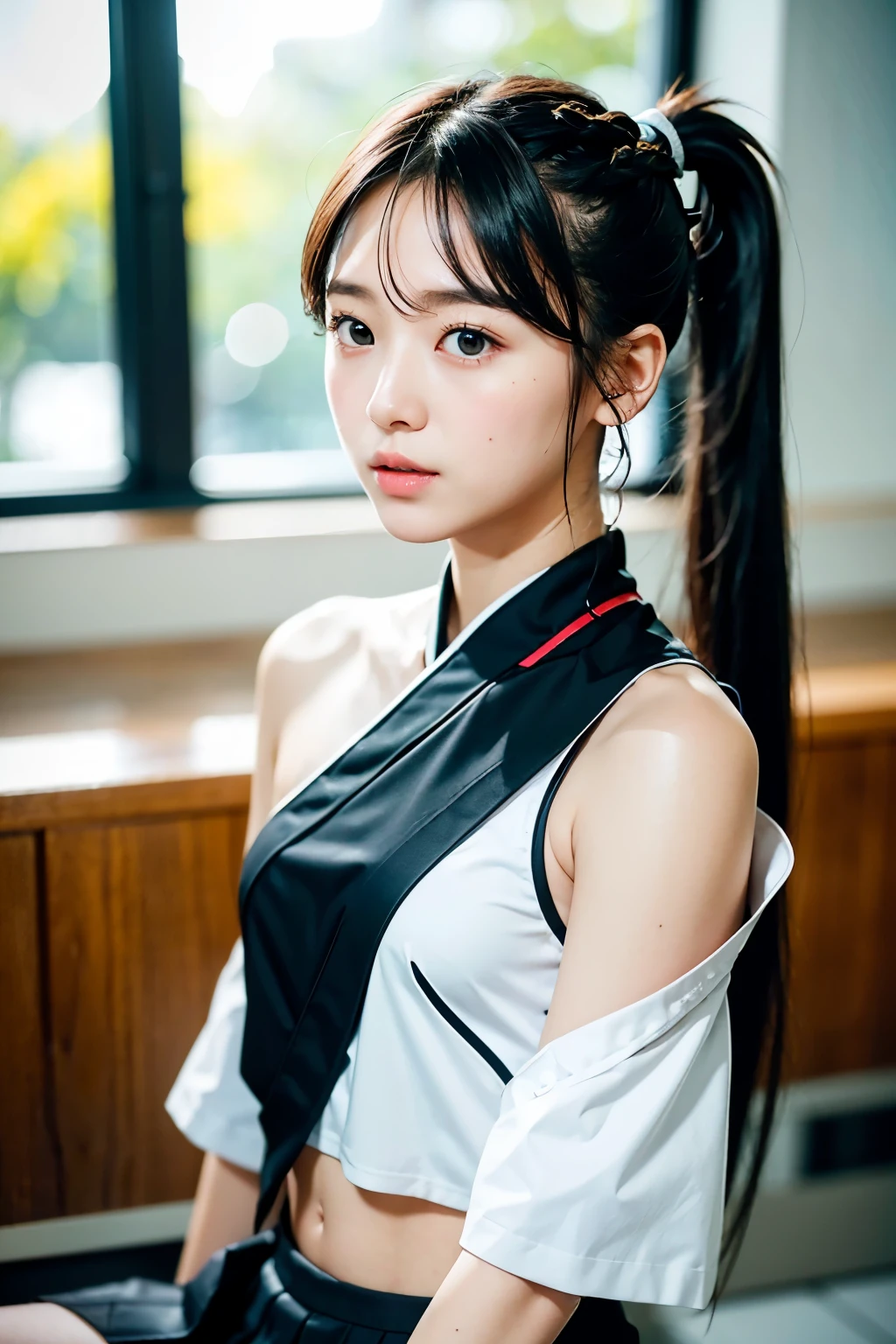 Upper body from the knee up、Belly button、Knee Shot、(jacksonville:1.5)、Close-up、masterpiece、highest quality、Raw photo、Photorealistic、face、Incredibly ridiculous、beautiful girl、cute、Twin tail hairstyle、Depth of written boundary、High resolution、Ultra Detail、Fine details、Very detailed、Very detailed目とface、Sharp pupils、Realistic pupil、Sharp focus、One Japan 16 year old girl、highest quality、Realistic、Photorealistic、Very sophisticated、Very delicate and beautiful whole body、(school settings：1.3]、Small Head、Beautiful Eyes、素face、Realistic Skin、Fine grain、細かいface、Features of fine clothing、（school uniform：1.3）、（Shoulder-ponytail length: 1.3) Dynamic pose、A pose staring at the viewer、詳細なfaceと胸、Big Breasts、Large, well-shaped breasts、