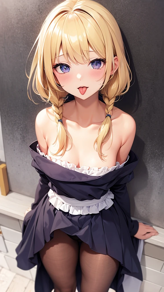 highest quality、4K quality、lean against the wall、Beautiful cleavage、Beautiful Style、tall、Small breasts、Bare buttocks、Small Ass、Shy face、20 year old blonde princess、Bare shouldery skirt is blown up by the wind、ultra detail eye,Shooting from behind、Off-the-shoulder dress、Stick your tongue out and lick the wall