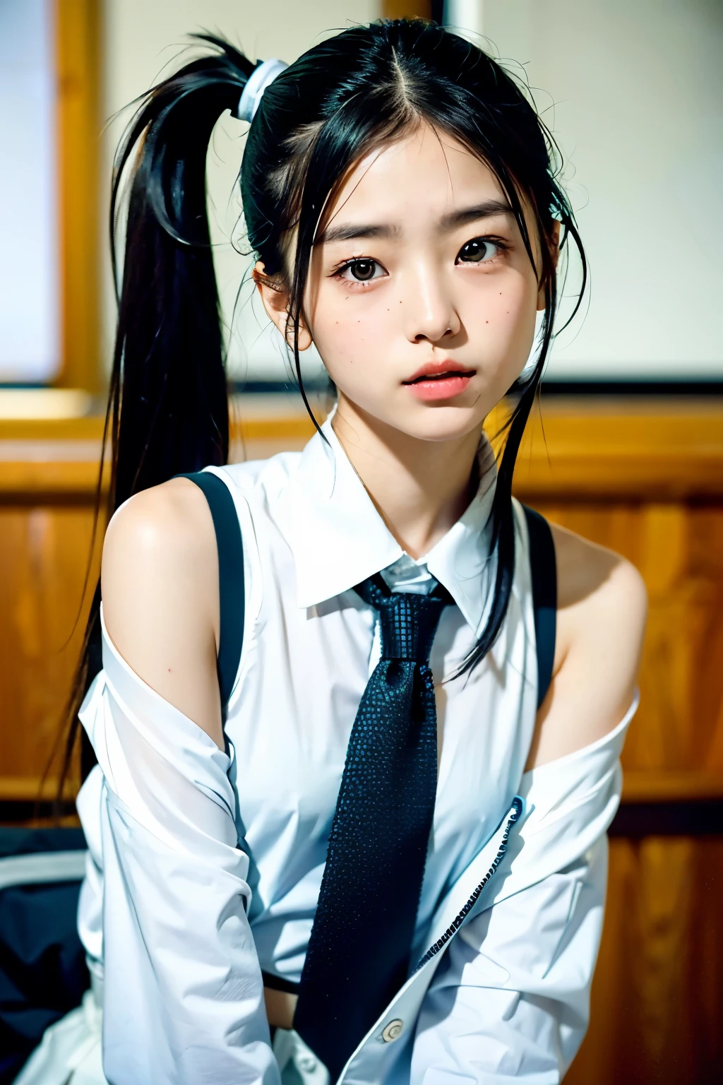 Upper body from the knee up、Belly button、Knee Shot、(jacksonville:1.5)、Close-up、masterpiece、highest quality、Raw photo、Photorealistic、face、Incredibly ridiculous、beautiful girl、cute、Twin tail hairstyle、Depth of written boundary、High resolution、Ultra Detail、Fine details、Very detailed、Very detailed目とface、Sharp pupils、Realistic pupil、Sharp focus、One Japan 16 year old girl、highest quality、Realistic、Photorealistic、Very sophisticated、Very delicate and beautiful whole body、(school settings：1.3]、Small Head、Beautiful Eyes、素face、Realistic Skin、Fine grain、細かいface、Features of fine clothing、（school uniform：1.3）、（Shoulder-ponytail length: 1.3) Dynamic pose、A pose staring at the viewer、詳細なfaceと胸、Big Breasts、Large, well-shaped breasts、