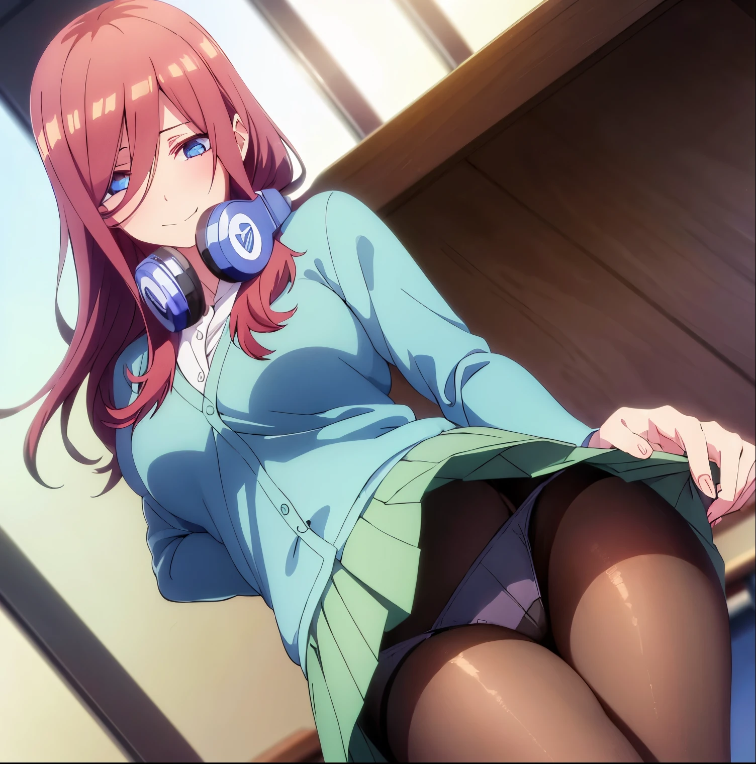 (masterpiece:1.2), best quality, high resolution, unity 8k wallpaper, (illustration:1.0), (beautiful detailed eyes:1.6), extremely detailed face, perfect lighting, extremely detailed CG, (perfect hands,perfect anatomy), (dynamic angle and pose:1.3), nice angle, (1girl, solo:1.5), BREAK
nakano miku, skirt, headphones around neck, (fishnet pantyhose:1.2), (light blue cardigan:1.2), green skirt, brick red hair, cardigan, blue eyes, long hair, smile, hair between eyes,pleated skirt, black footwear, closed mouth, looking at viewer, shirt, bangs, long sleeves, (white shirt:1.2), , blush, miniskirt, shiny, shiny hair, (thong:1.1), BREAK
(skirt lift by myself:1.4), panties, seductive smile,shy,embarrassed, ass focus, BREAK
(classroom:1.4),day,indoor,
