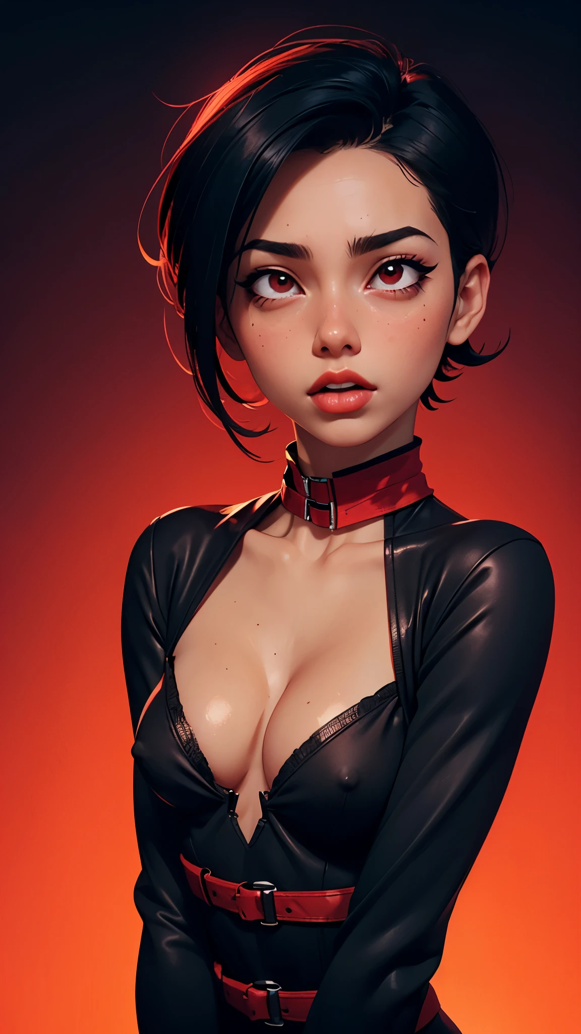 one asian girl, ada wong, solo, abs, slender body, (upper body, bust:1.2), black eyes, black hair, (red clothes, tiny breasts, small breasts, male chest, cleavage, exposed breasts, deep cleavage:1.5), bare shoulders, belts, shoulder-belts, masterpiece, highly detailed, look at viewer, shiny blured orange background, gradient sprayed background, front view, gradient red purple background, blured background, glowing edges of image