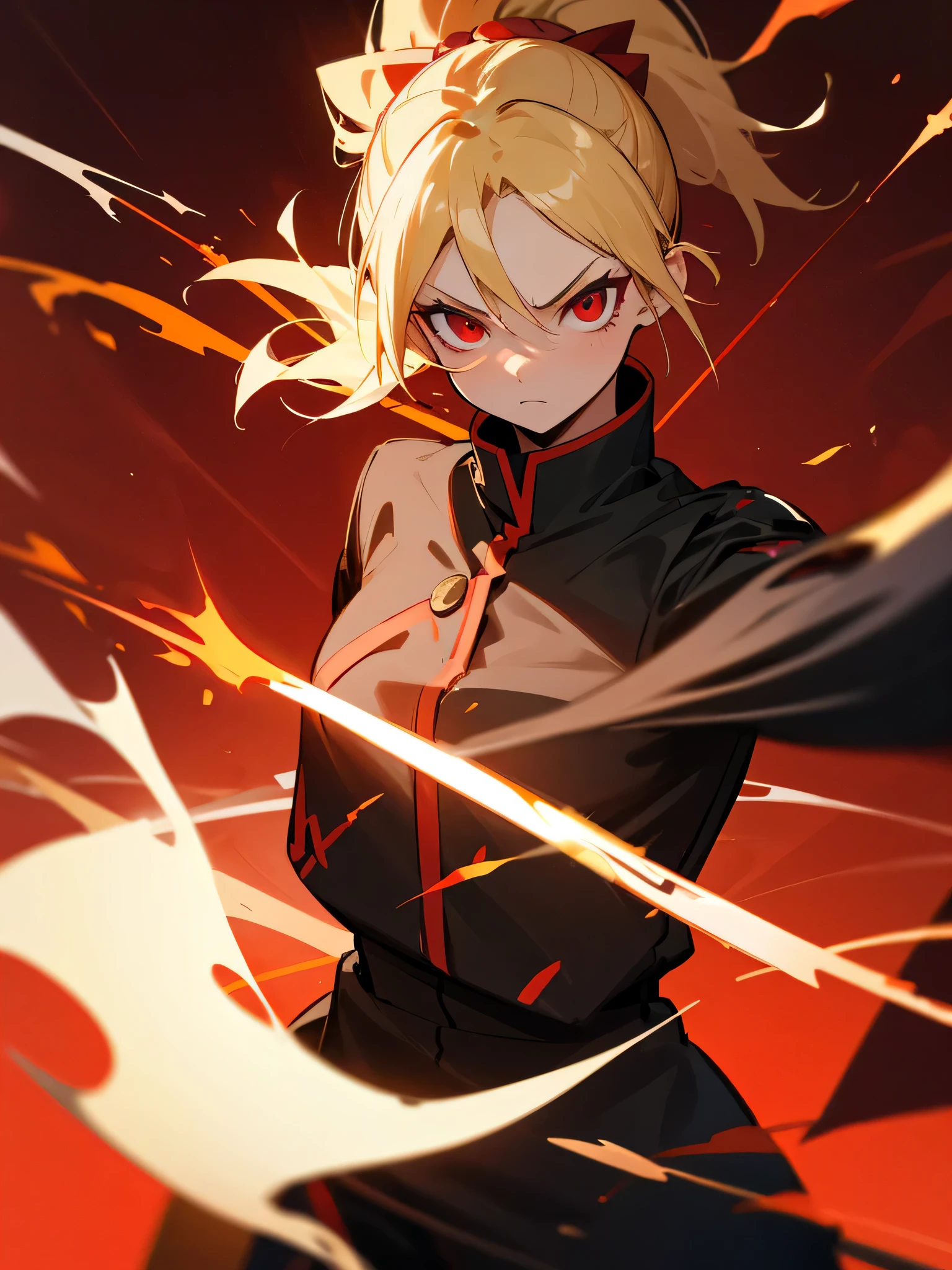 1girl, ponytail blonde hair, red eyes, wearing blaze archer uniform, fire background, flame magic, absurdres, high res, ultrasharp, 8K, masterpiece, looking at viewer, no hat, fierce, no bow