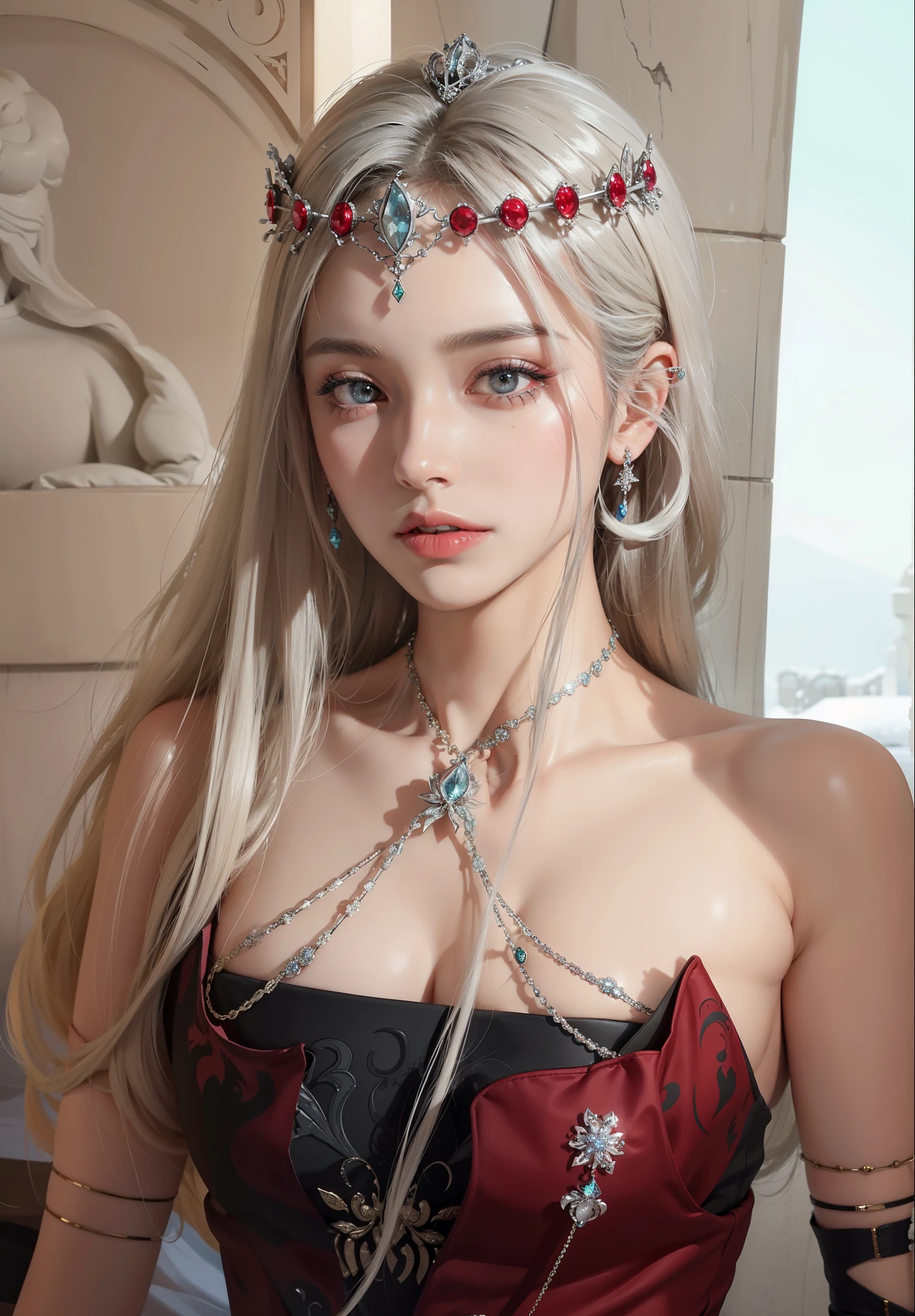 Royal princess,Exquisite eyes,Snow Queen,Put the crown on your head,Detailed facial expressions body,tall and big,Glamorous characters,Leg length,4K,HD,Sensual,White translucent lace,白皙Full figure,Little cherry mouth,Beautiful and lovely,Full figure,Glossy Gel Coat,Vampire queen wears luxurious dress,Have a tattoo(intricate tattoo designs),tattoo queen,Ice Princess,Steel bracelet on arm,apply lipstick