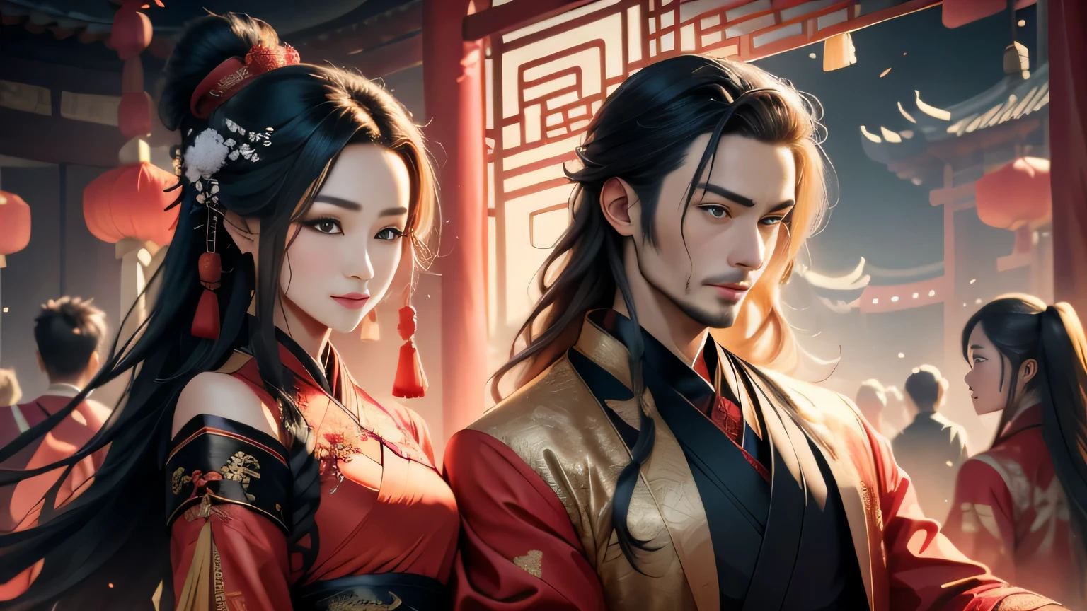 Close-up of a young couple wearing a white dragon dress on their heads,Chinese fantasy,beautiful digital artworks,Ross Tran 8 K,xianxia fantasy,Fenghua Bell,Chinese style,Dragon-inspired cloth robe,Ross Tran和Wlop,