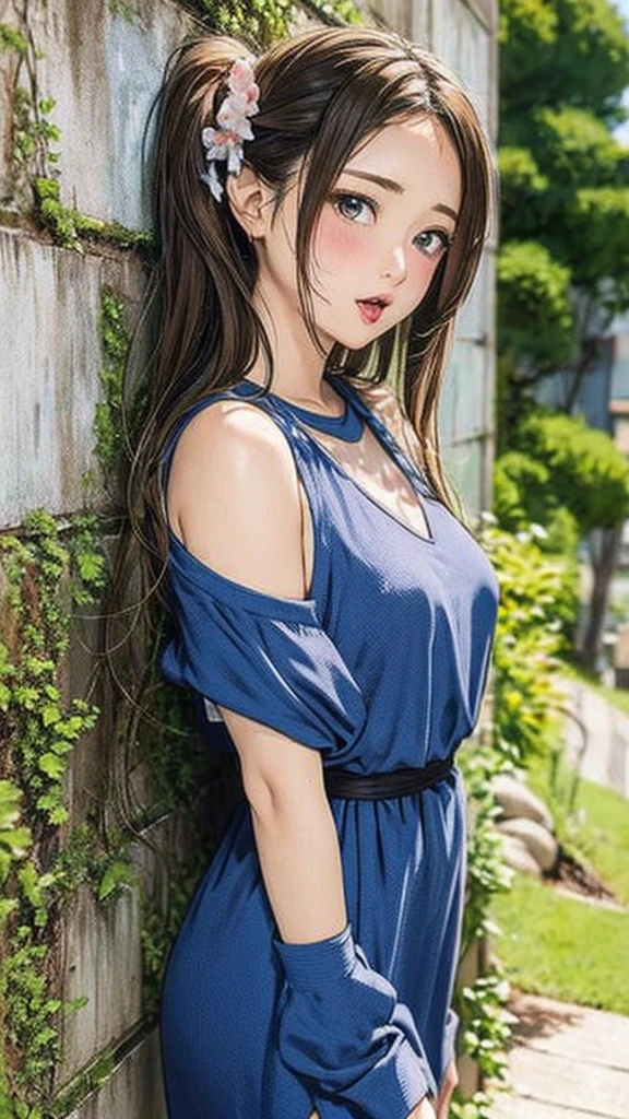 highest quality、4K quality、lean against the wall、Beautiful cleavage、Beautiful Style、tall、Small breasts、Bare buttocks、Small Ass、Shy face、20-year-old、Bare shouldery skirt is blown up by the wind、ultra detail eye,Shooting from behind、Off-the-shoulder summer dress、Stick your tongue out and lick the wall、Drooling、sweaty face