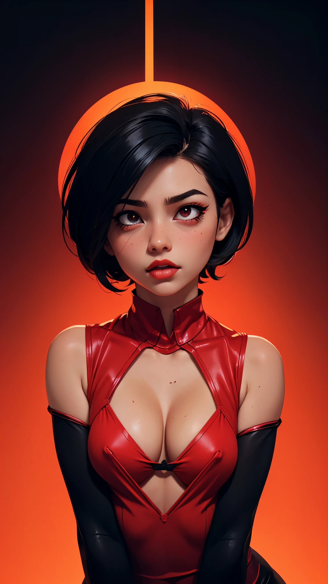 one asian girl, ada wong, solo, abs, slender body, (upper body, bust:1.2), black eyes, black hair, (red clothes, tiny breasts, small breasts, male chest, cleavage, exposed breasts, deep cleavage:1.5), bare shoulders, masterpiece, highly detailed, look at viewer, shiny blured orange background, gradient sprayed background, front view, gradient red purple background, blured background, glowing edges of image