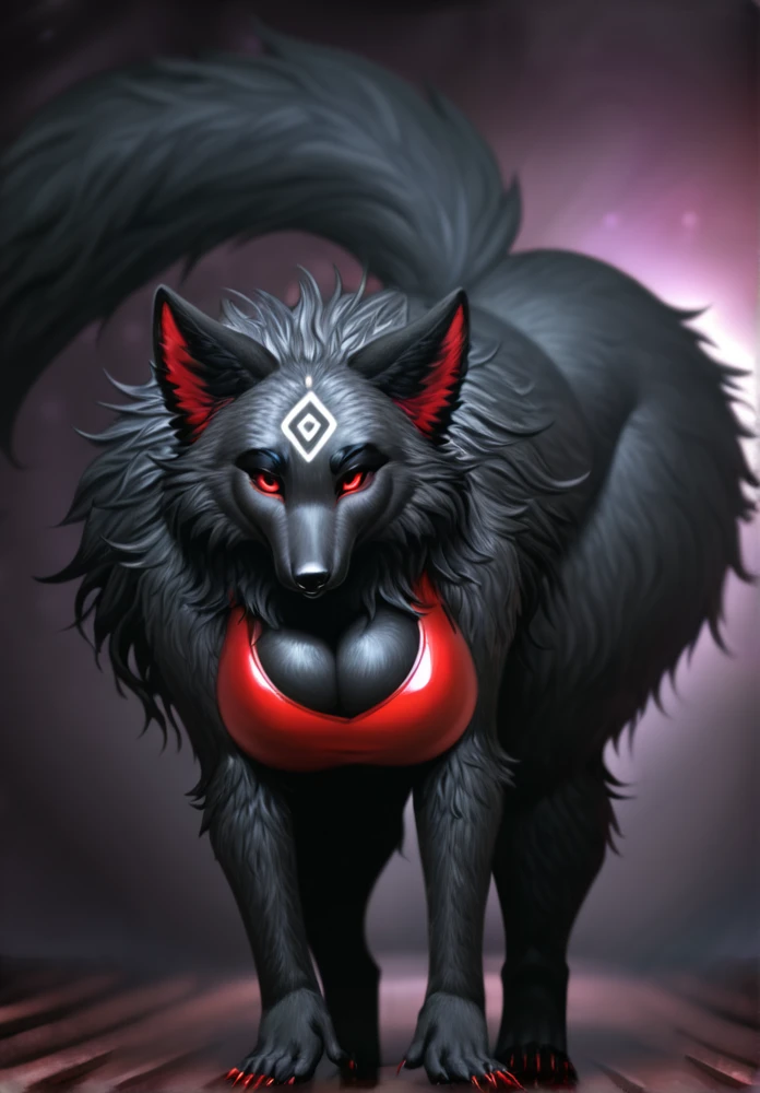 highly detailed, high quality, masterpiece, beautiful, (full shot, front view), dommy mommy, tall, voluptuous, large athletic female wolf, black fur, totally dark fur, white tribal markings thighs, red inner ear, ears a little long, red one piece swimsuit latex, cleavage overflow, busty, feet, 5 toes, toe claws, red claws, detailed feet, wide hips, curvy figure, curvaceous, fingers, smooth fur, long fur face, thick thighs, large thighs, wolf tail, fluffy tail, wide and long snut, long wolf's mane, red eyes, black clera, narrow eyes, curved eyebrows, thick eyebrows, black leaves, standing, Stretched legs, bent over, face down ass up, leaning slightly towards the viewer, hands on own ankles, Mocking Look, pleasure face, horny, in a space ship