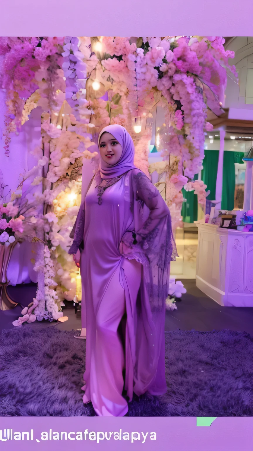 Matured Malay women in hijab wearing sexy satin lace lilac color bra and panties, portrait photography, 35 years old, full body shot photo, ultra detail, professional photograph with professional lighting, smile, pink studio background, sexy seducing pose, curvy,