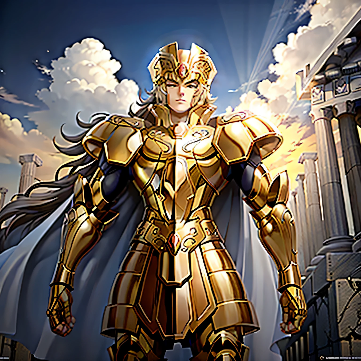 Gemini Armor, gold armor, Henry Cavill as 1boy, armor, Dramatic skies, Looking at the audience, armor, Shut up, Upper Body, Serious, helmet, On the Greek temple bridge, Japanese cartoons, whole body. Go to the audience, boots