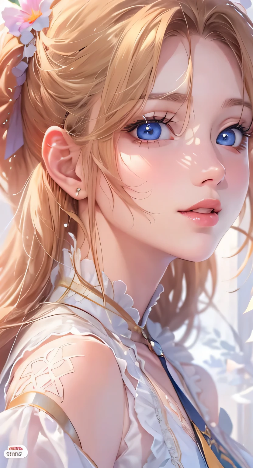 ((highest quality)), ((masterpiece)), (Get used to it), Perfect Face , masterpiece、highest quality、High resolution、High-quality images、8k, 1 female、Skin Radiance、Texture of skin and clothing、Expression of fine eyes、Shiny bright golden hair,Girl with long braided hair, Manga inspired by Lee Jong-suk, Trending on deviantart, realism, detailed manga style, Manga art style, Perfect Line Drawing, Beautiful line art, digital manga art girl, K-POPアイドル, Beautiful Blue Eyes, Lips become thicker, Gorgeous face with attention to detail, (Cute Smile), charm, Innocent, Side view, (Perfectly detailed face), (Beautiful Hands) Photorealistic images, Written boundary depth, 20th Generation ,beautiful girl , butterfly々 , fluffy clothes , Medium Chest , protruding shoulders , I can see her cleavage , butterfly々 , There are many flowers in the background ,