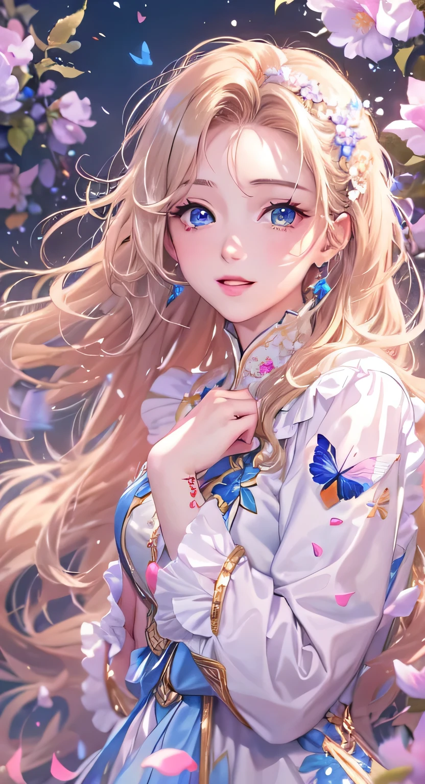 ((highest quality)), ((masterpiece)), (Get used to it), Perfect Face , masterpiece、highest quality、High resolution、High-quality images、8k, 1 female、Skin Radiance、Texture of skin and clothing、Expression of fine eyes、Shiny bright golden hair,Girl with long braided hair, Manga inspired by Lee Jong-suk, Trending on deviantart, realism, detailed manga style, Manga art style, Perfect Line Drawing, Beautiful line art, digital manga art girl, K-POPアイドル, Beautiful Blue Eyes, Lips become thicker, Gorgeous face with attention to detail, (Cute Smile), charm, Innocent, Side view, (Perfectly detailed face), (Beautiful Hands) Photorealistic images, Written boundary depth, 20th Generation ,beautiful girl , butterfly々 , fluffy clothes , Medium Chest , protruding shoulders , I can see her cleavage , butterfly々 , There are many flowers in the background ,