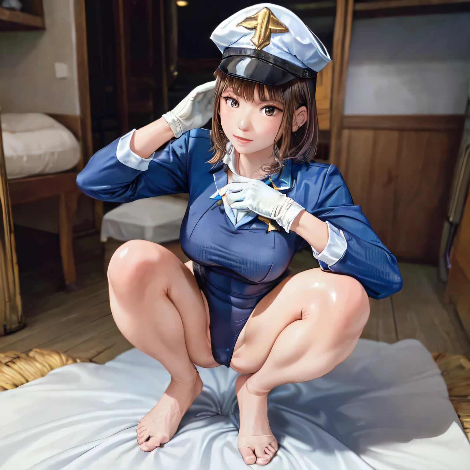 ((best quality)), ((masterpiece)), (detailed), perfect face Flight attendant woman wearing cap, gloves and long sleeve leotard squatting barefoot. Bare legs.