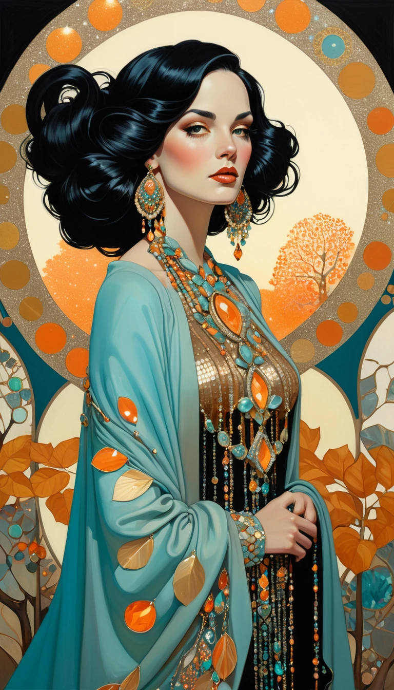 illustration of a beautiful elegant young woman with black hair, 3/4 view, in the style of Leyendecker, wearing large spacious multicolored diaphanous. Ethereal, spacious coat, with surrealist bohemian print, aqua, orange, Mid century style, Klimt, necklaces with jewels, modest, earrings with jewels, Mysterious, Luminous, glitter, sequins, ornate background, glimmer, surrealism, golden hour, glowing, knitted tree, glisten, shimmer, jewels, sequins, diaphanous