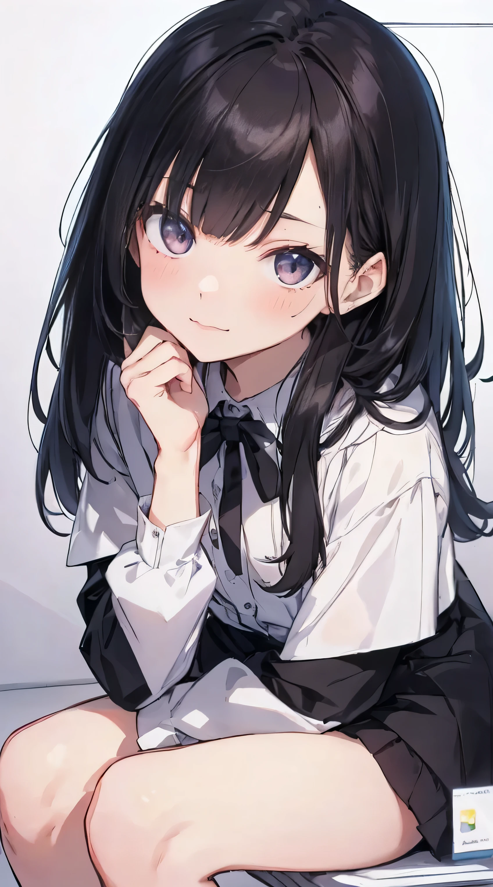 Masterpiece、Highest quality、highest quality、Black Hair、(((Lori)))、 ((Petite))、Shiny hair quality、Small face、Sitting、Super detailed, beautiful, wide eyes、Ultra-detailed, clear and beautiful faces、(cute illustration:1.2), High-resolution, ultra-detailed, best quality, embarrassed、Thighs