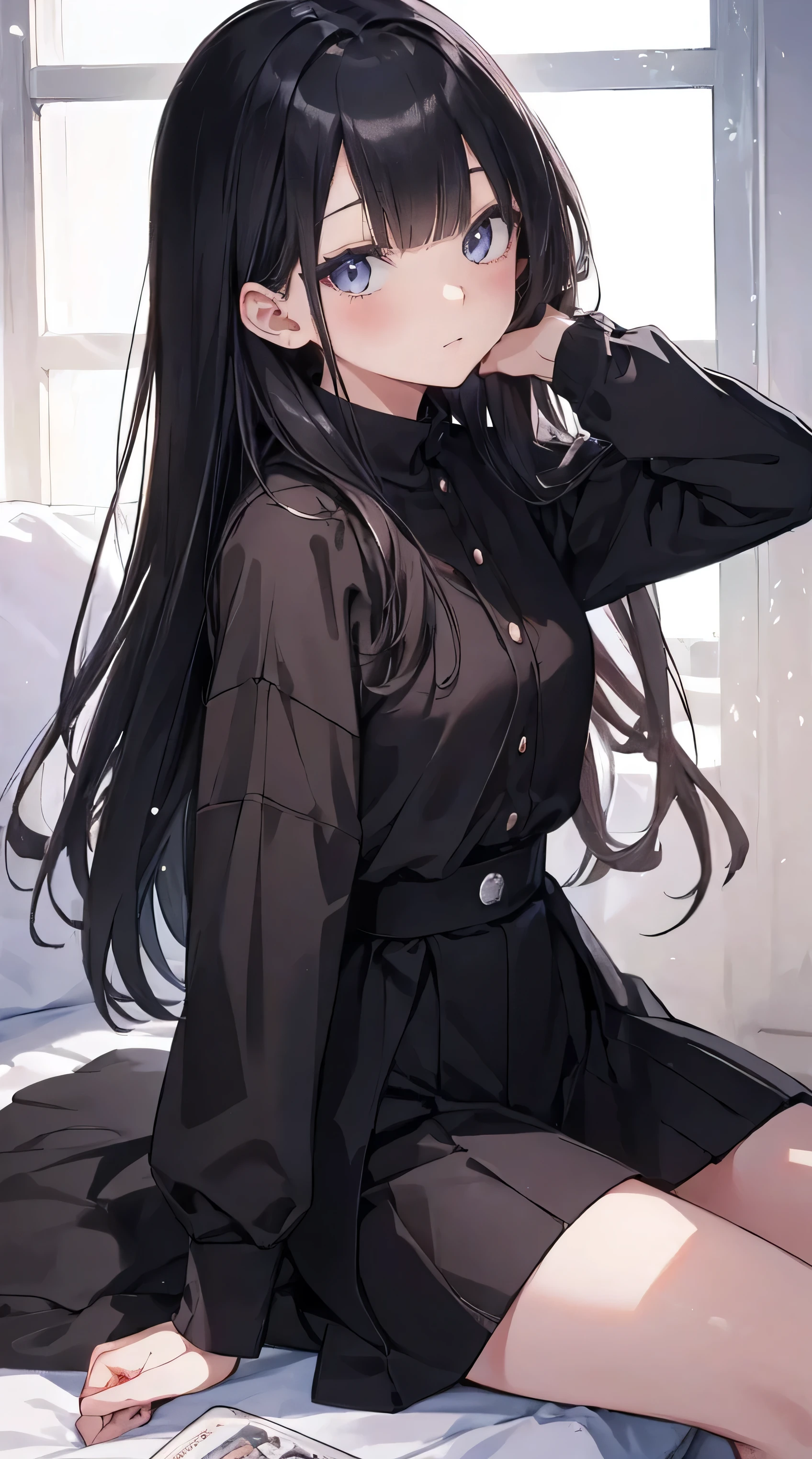 Masterpiece、Highest quality、highest quality、Black Hair、(((Lori)))、 ((Petite))、Shiny hair quality、Small face、Sitting、Super detailed, beautiful, wide eyes、Ultra-detailed, clear and beautiful faces、(cute illustration:1.2), High-resolution, ultra-detailed, best quality, embarrassed、Thighs