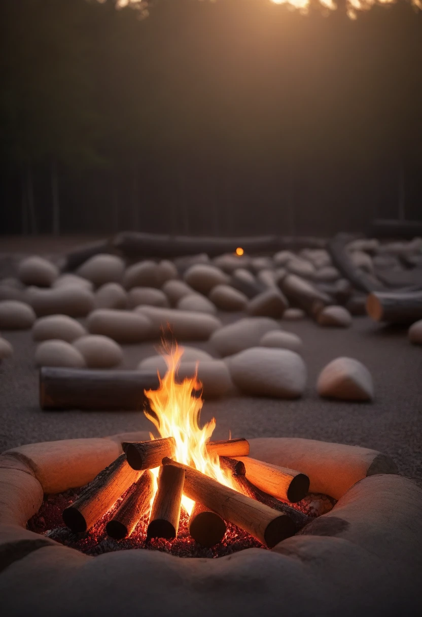 (best quality,4k,8k,highres,masterpiece:1.2),ultra-detailed,(realistic,photorealistic,photo-realistic:1.37),exquisite firelight,crackling flames,dancing shadows,flickering light,glowing embers,warmth and coziness,campsite,night sky,stars above,twinkling lights,peaceful surroundings,natural beauty,quiet serenity,campfire stories,laughter and conversation,happy memories,friends gathered,marshmallows roasting,smoke rising,embers floating,jagged logs,rough campfire stones,comforting warmth,reflection of flames in eyes,vivid colors,soft orange hues,golden glow,soft illumination,subtle flicker,warm copper tones,soft reflections,calming atmosphere