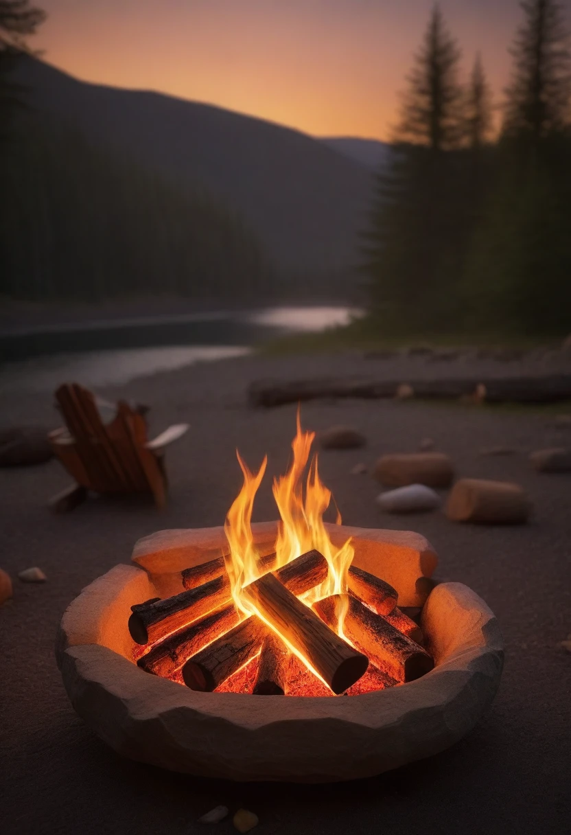 (best quality,4k,8k,highres,masterpiece:1.2),ultra-detailed,(realistic,photorealistic,photo-realistic:1.37),exquisite firelight,crackling flames,dancing shadows,flickering light,glowing embers,warmth and coziness,campsite,night sky,stars above,twinkling lights,peaceful surroundings,natural beauty,quiet serenity,campfire stories,laughter and conversation,happy memories,friends gathered,marshmallows roasting,smoke rising,embers floating,jagged logs,rough campfire stones,comforting warmth,reflection of flames in eyes,vivid colors,soft orange hues,golden glow,soft illumination,subtle flicker,warm copper tones,soft reflections,calming atmosphere