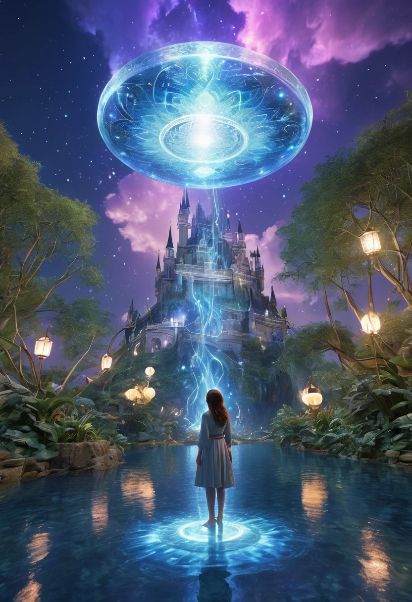 Magical World，(1 Girl trapped in a cosmic vortex nebula:1.5)，Rendered with the Cosmic Beach Swirl engine，(Detailed facial features)，(Beautiful facial features)，Ancient and mysterious castle，Purple Stone，gemstone decoration，glowing plant，Silver Creek，colored clouds，Strange Creatures，Huge magic library，Rich book collection，Magic fluctuations，Crystal Ball，Distant galaxies，Field of magic，A female magician who studies magic，(Glowing magic symbol)，Dreamland，Time and space distortion，River of Light，(Enchanted Garden)，Ultra-wide lens，Bottom view，Knee Shot(KS)，Full body shot(FLS)，High Detail，high resolution，Ultra-high quality，detailed，Hyperrealism，Volumetric Lighting，Spectacular，Ambient Light，light pollution，Movie atmosphere，Art Nouveau，Illustration artwork by SenseiJaye，Intricate details