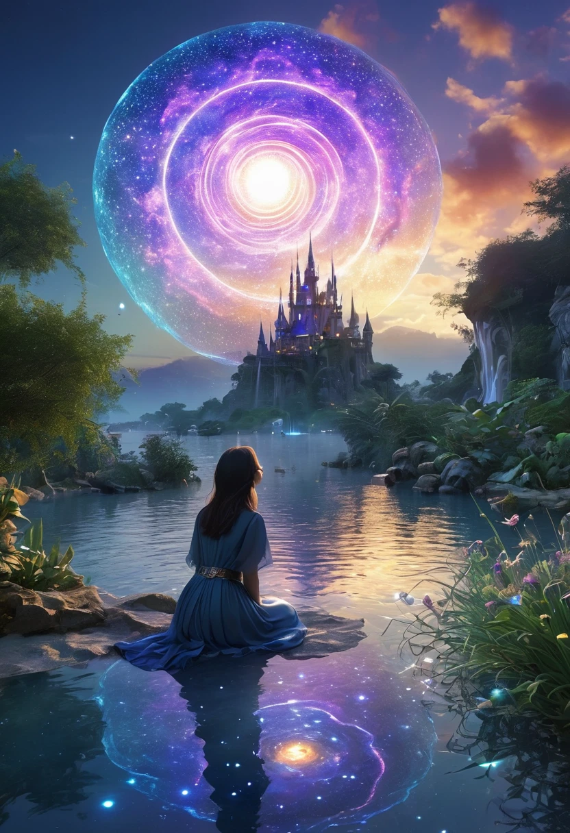 Magical World，(1 Girl trapped in a cosmic vortex nebula:1.5)，Rendered with the Cosmic Beach Swirl engine，(Detailed facial features)，(Beautiful facial features)，Ancient and mysterious castle，Purple Stone，gemstone decoration，glowing plant，Silver Creek，colored clouds，Strange Creatures，Huge magic library，Rich book collection，Magic fluctuations，Crystal Ball，Distant galaxies，Field of magic，A female magician who studies magic，(Glowing magic symbol)，Dreamland，Time and space distortion，River of Light，(Enchanted Garden)，Ultra-wide lens，Bottom view，Knee Shot(KS)，Full body shot(FLS)，High Detail，high resolution，Ultra-high quality，detailed，Hyperrealism，Volumetric Lighting，Spectacular，Ambient Light，light pollution，Movie atmosphere，Art Nouveau，Illustration artwork by SenseiJaye，Intricate details