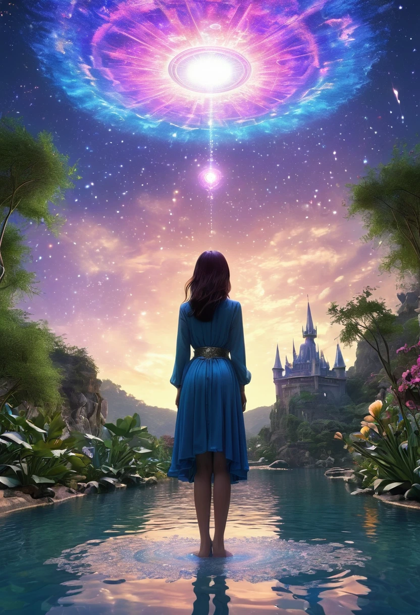 Magical World，(1 Girl trapped in a cosmic vortex nebula:1.5)，Rendered with the Cosmic Beach Swirl engine，(Detailed facial features)，(Beautiful facial features)，Ancient and mysterious castle，Purple Stone，gemstone decoration，glowing plant，Silver Creek，colored clouds，Strange Creatures，Huge magic library，Rich book collection，Magic fluctuations，Crystal Ball，Distant galaxies，Field of magic，A female magician who studies magic，(Glowing magic symbol)，Dreamland，Time and space distortion，River of Light，(Enchanted Garden)，Ultra-wide lens，Bottom view，Knee Shot(KS)，Full body shot(FLS)，High Detail，high resolution，Ultra-high quality，detailed，Hyperrealism，Volumetric Lighting，Spectacular，Ambient Light，light pollution，Movie atmosphere，Art Nouveau，Illustration artwork by SenseiJaye，Intricate details