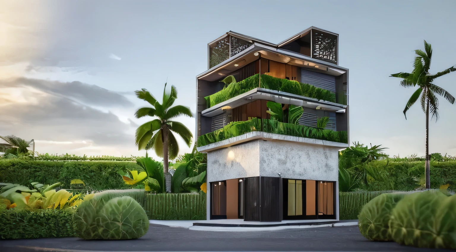detailed background, masterpiece, best quality, 3d render house, exterior building, tropical house