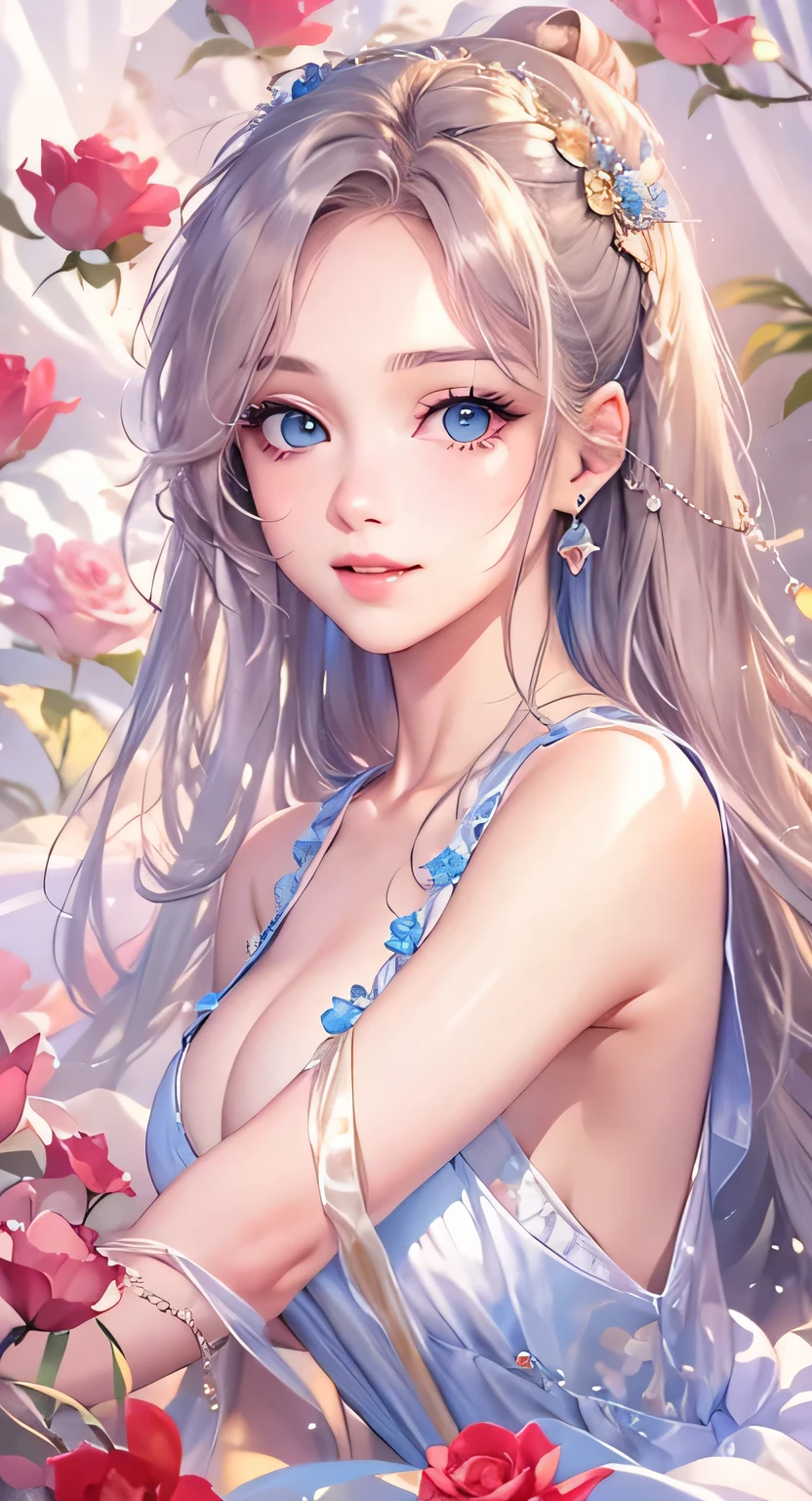 ((highest quality)), ((masterpiece)), (Get used to it), Perfect Face , masterpiece、highest quality、High resolution、High-quality images、8k, 1 female、Skin Radiance、Texture of skin and clothing、Expression of fine eyes、Shiny bright golden hair,Girl with long braided hair, Manga inspired by Lee Jong-suk, Trending on deviantart, realism, detailed manga style, Manga art style, Perfect Line Drawing, Beautiful line art, digital manga art girl, K-POPアイドル, Beautiful Blue Eyes, Fuller lips, Gorgeous face with attention to detail, (Cute Smile), charm, Innocent, Side view, (Perfectly detailed face), (Beautiful Hands) Photorealistic images, Written boundary depth, 20th Generation ,beautiful girl , Babydoll Clothes , Large Breasts , protruding shoulders , I can see her cleavage , Studded with roses , On the bed , Lying on the bed ,