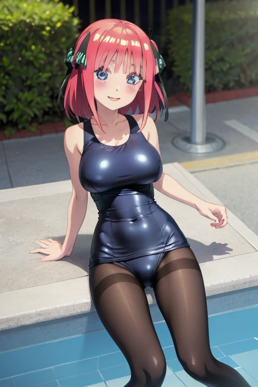 best quality, ultra-detailed masterpiece, anime art style, cute characters, nino nakano, one-piece swimsuit, large breasts, pantyhose, blush, smile