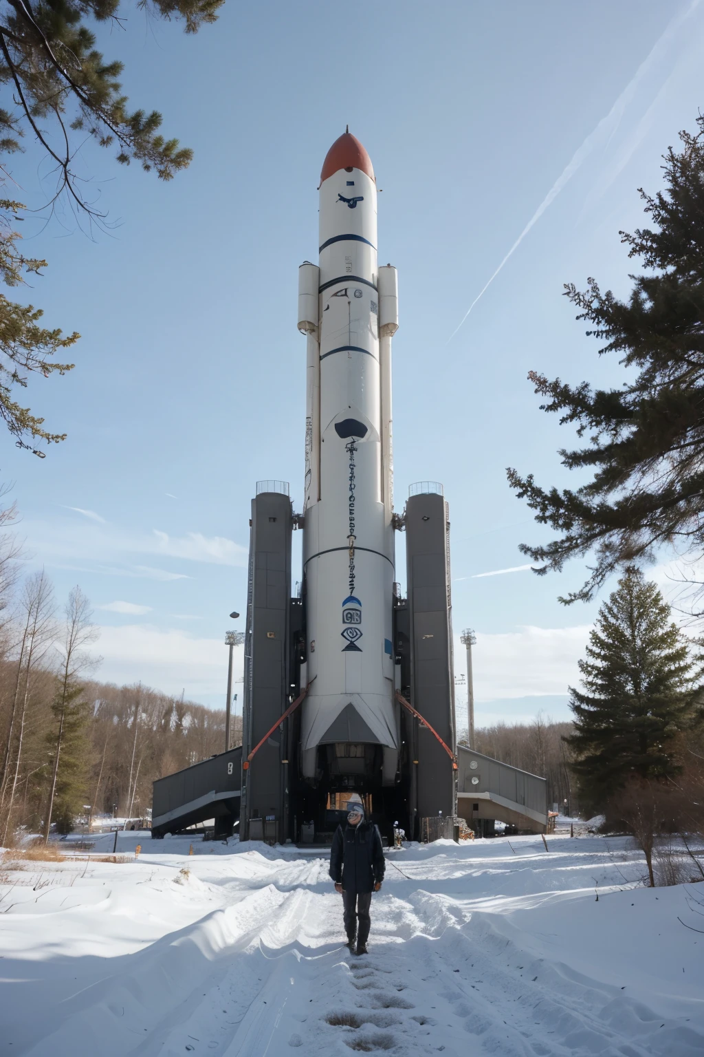 Standing on the edge of a Siberian forest is a huge space rocket Starship, 150 meters high., the bright afternoon sun shines on it without clouds