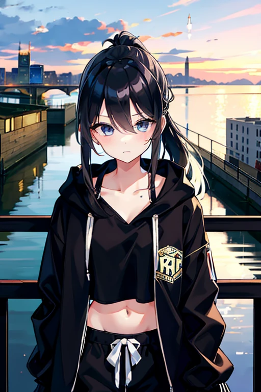 very good image, a cute beautiful girl, tomboy girl, long black hair, ponytail, hair between eyes, white crop top hoodie, black training pants, city(hd view), 8k, high res, best quality, pretty