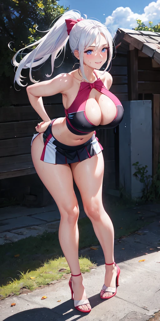 realistic, 1girl, ponytail, parted lips, blush, makeup, light smile, white hair, sportswear, skirt, wet clothes, glow, thighs, purple eye, bare shoulders, collarbone, narrow waist, sunbeam, sunlight, rose, wind, cleavage, (masterpiece), sweat, (cara feliz), (olhos verdes), (saia), (corpo fitness), (face madura), (roupas cor-de-rosa), (Fundo da aldeia da folha), (atraente), (hot), (sweat 1.5)Beautiful woman,1个Giant Breast Girl(work of art), (masterpiece), (best quality), a, (blue eyes),, red bow, , butts , full figure head to toes , standing on heels, wearing heels showing nipples, beautiful cute smile, showing big curved , wearing heels, sports heels, grabbing her brests tight, grabbed brests