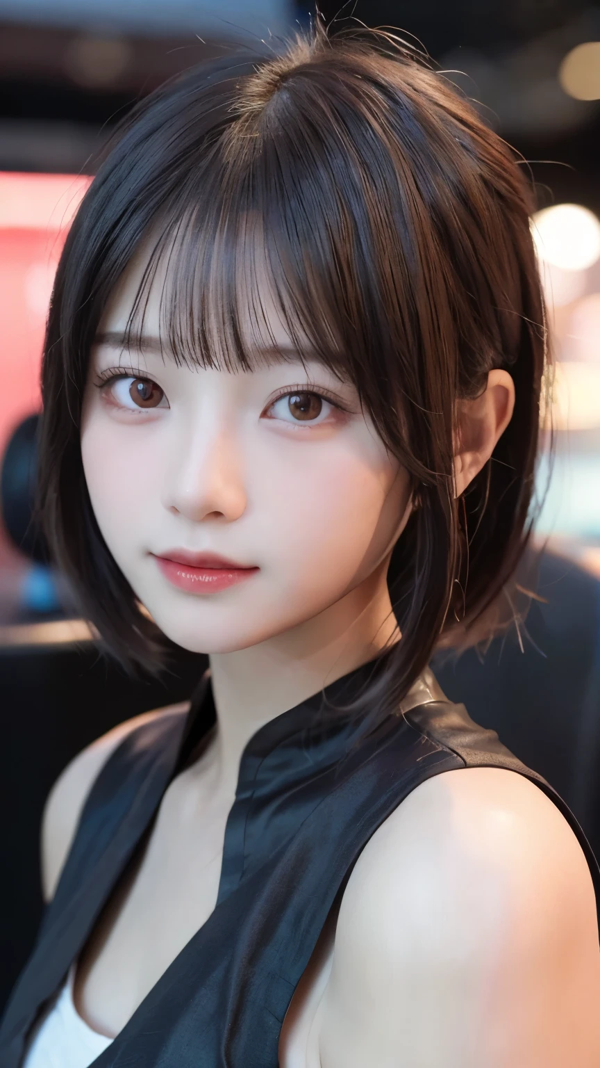 Amazing portrait of a girl during a photoshoot, Shot in 8K, Highest quality and 3D Cinema Light Ultra High Resolution for the ultimate immersive experience. The setting is Hong Kong in the 1990s.., A medium shot showing every detail of her.Hairstyle,Bobcut