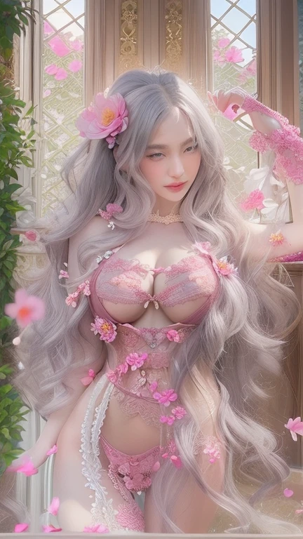 8K, RAW Photos, of the highest quality, Masterpieces: 1.2、Raw photo)、(portlate)、Portraits, high resolution RAW color photos, Professional Photos、Super Resolution, 8K Picture Wallpaper,(Realistic, Real Photos: 1.3),1 persons、super detailed, muito Detailed and beautiful, Highly detailed, Amazing details、Cute beautiful woman with perfect body: 1.4、Slim big: 1.2、Full body image, Amazing details、Cute beautiful woman with perfect body: 1.4、Slim big: 1.2、shinny skin、Glossy lips、High-definition face and skin texture、A detailed eye、double eyelid、Highly detailed and focused chest、((Gray hair color、Longhaire、Curled Hair)), ((Breast H Cup:1.2, very large breast、Big Tits:1.2、Too large breasts:1.2、Bursting breasts))、(High Definition Breast、happy facial expression), (Cute lingerie with white and pink floral lace:1.3), (Accented bust:1.2), (Playful and glamorous lingerie ensemble:1.2), (Delicate and cute lingerie details:1.1), (Playful and seductive lingerie:1.2)、((Exposed))、((Exposed breasts))、((Exposed back:1.2))、((Exposed shoulders:1.2))、((Exposed crotch:1.2))、(pubick hair)、((full body Esbian:1.1、Long distance:1.1))、(Colorful and pop backgrounds:1.3), (decorated with petals:1.3), (soft blurred background:1.2), (Capture the essence of sweetness:1.2), (Fantastic atmosphere with bright colors:1.3), (Sparkling background decorated with petals:1.2), (Blurry dreamy background:1.1), (evoke a sense of intimacy:1.1),(Casually chic and cute:1.2),(Big Full Moon:1.1)