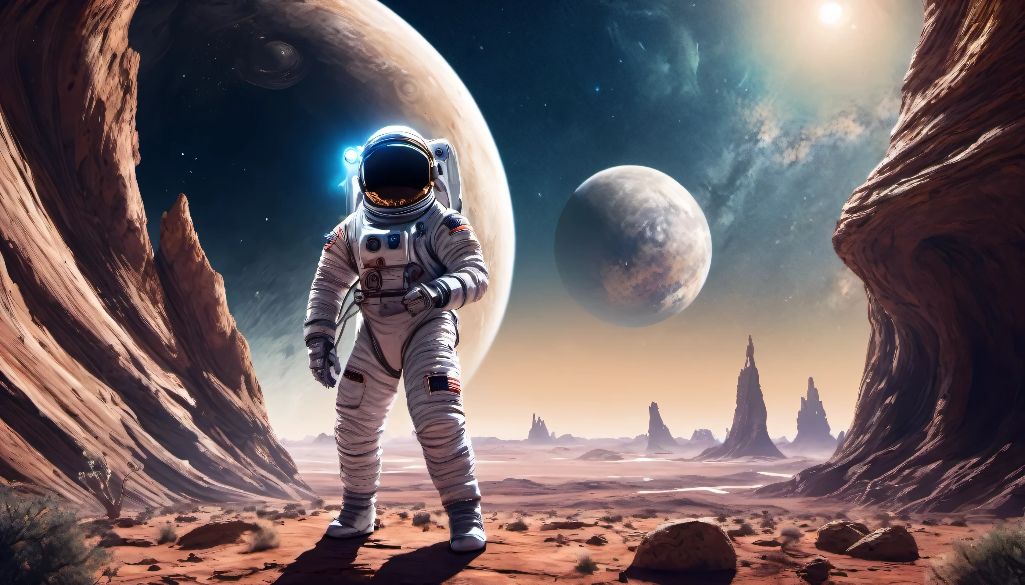 An astronaut dressed in a spacesuit stands on an alien planet. The surroundings are surreal, with strange rock formations and a starry sky stretching to the horizon. The astronaut raises a gloved hand, making the peace sign toward the camera. Their posture is relaxed, suggesting curiosity and tranquility in the face of the unknown. An aura of discovery and harmony permeates the scene as the astronaut represents humanity exploring and seeking peace beyond the bounds of Earth.